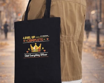 Chief Everything Officer Tote — Funny Level‑Up Gift — Black Cotton Canvas for Mom & Gamers