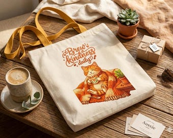 Brew Kindness Daily Tote Bag | Cozy Cat Canvas | Coffee Lover Gift