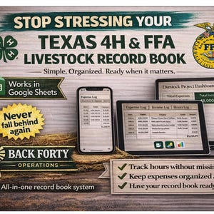May include: An advertisement for a livestock record book system. The image shows a smartphone, tablet, and laptop displaying expense logs and dashboards. Text includes "Texas 4H & FFA Livestock Record Book" and "All-in-one record book system."
