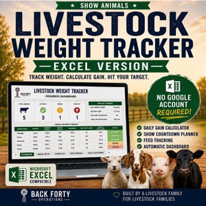 Può includere: Un tracker digitale per il peso del bestiame per Microsoft Excel visualizzato su uno schermo di un portatile. L'interfaccia mostra una dashboard con nomi degli animali, specie, pesi e indicatori di stato. Sono visibili un agnello, una capra, un maialino e un vitello.