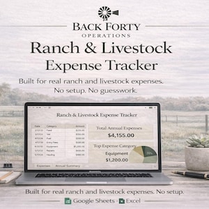 May include: A laptop screen showing a ranch and livestock expense tracker, with the text "Ranch & Livestock Expense Tracker." A notepad, pen, mug, and succulent plant are also visible. Total annual expenses are listed as £3,280.00.