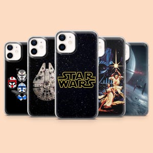 May include: A collection of clear phone cases featuring Star Wars-themed designs. The cases display images of the Millennium Falcon, Star Wars logo, and iconic characters. The cases are designed to fit a smartphone.