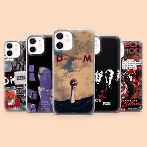 May include: Five clear phone cases with different graphic designs. The cases display images with text, including "DM", "SONGS OF FAITH AND DEVOTION", "ENJOY THE SILENCE", and "DEPECHE MODE". The designs use a variety of colours and artistic styles.