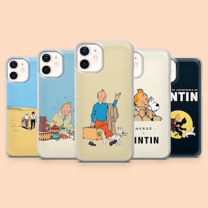 May include: Five phone cases displaying illustrations from The Adventures of Tintin comic series. The cases feature Tintin, Snowy, and other characters in colourful scenes. The cases are designed for a smartphone.