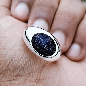 Handmade-925 Sterling-Silver Blue Goldstone-Oval Statement-Ring | Artisan Silver-Gemstone Ring | Gift for Her | Handmade-Jewelry