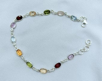 Pulsera de plata 925 hecha a mano con múltiples piedras preciosas – Pulsera de eslabones de piedras naturales coloridas – Joyería de plata minimalista y elegante – Regalo para ella