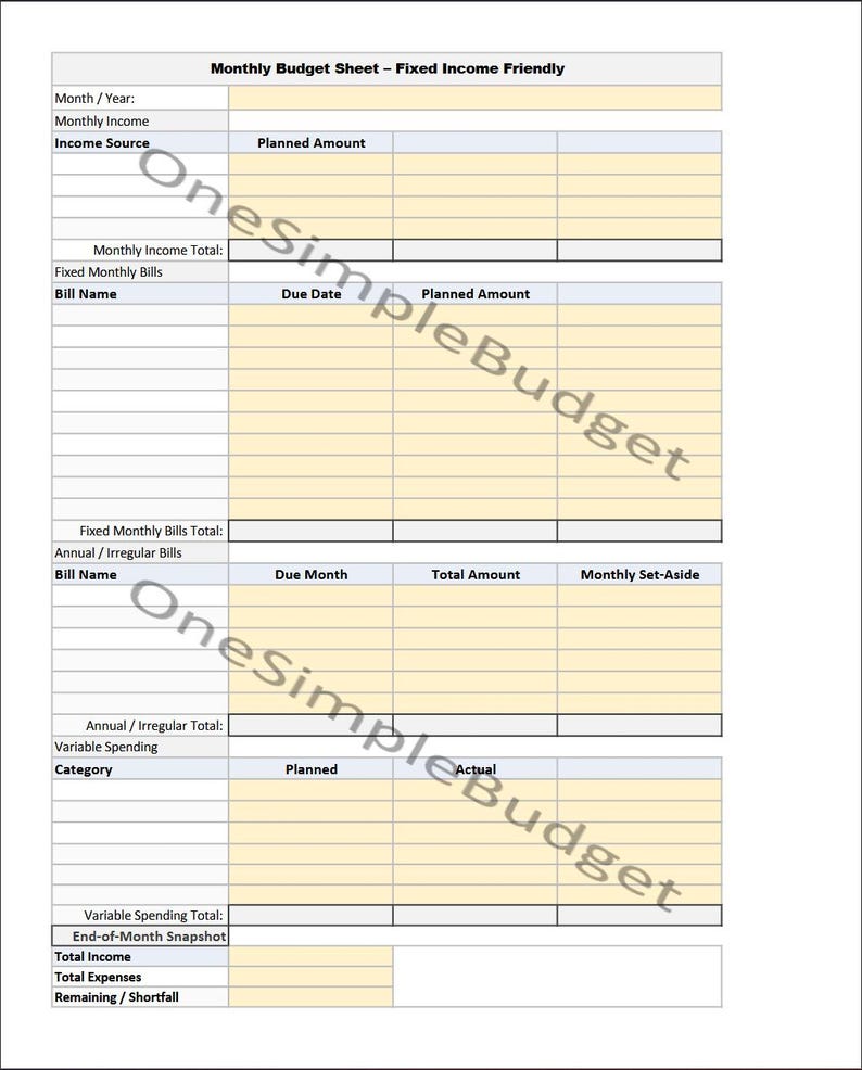 Simple Monthly Budget Sheet – Fixed Income Friendly Printable (1 Page ...