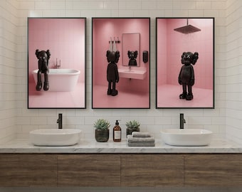 Kaws Inspired Bathroom Wall Art Set of 3, Pink Black Shower Posters, Hypebeast Washroom Decor, Modern Luxury Prints, Digital Download
