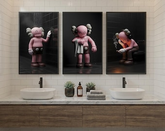 KAWS Bathroom Wall Art Set of 3, Pink Shower Poster,Hypebeast Washroom Decor,Modern KAWS Prints,Luxury Bathroom Wall Decor,Digital Download