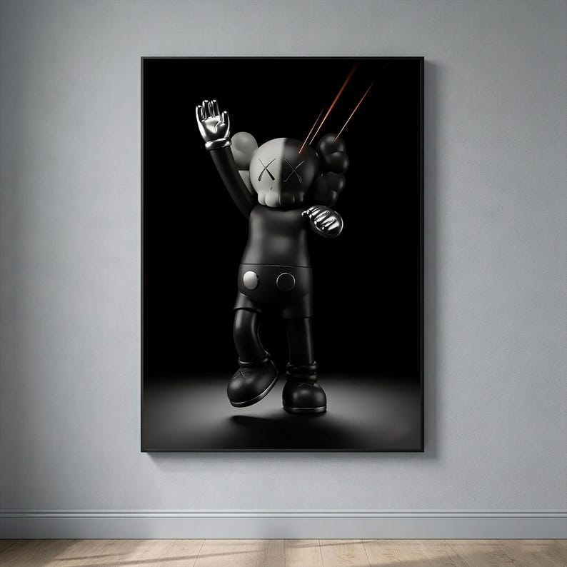 May include: A framed wall art print featuring a black and white KAWS character figure with X-shaped eyes. The figure is depicted in a dynamic pose with one arm raised, set against a solid black background with two thin red light streaks above.