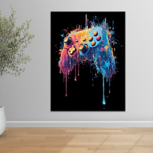 Könnte beinhalten: Abstrakte Malerei eines Videospiel-Controllers vor schwarzem Hintergrund. Der Controller ist in einem Aquarellstil mit Farbspritzern in Rosa, Gelb und Blau dargestellt. Das Kunstwerk wird an einer Wand ausgestellt.