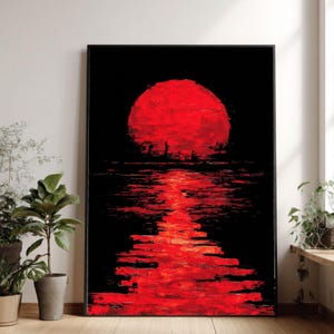 Bold Red Sunset Canvas, Abstract Ocean Reflection, Expressionism Wall Art