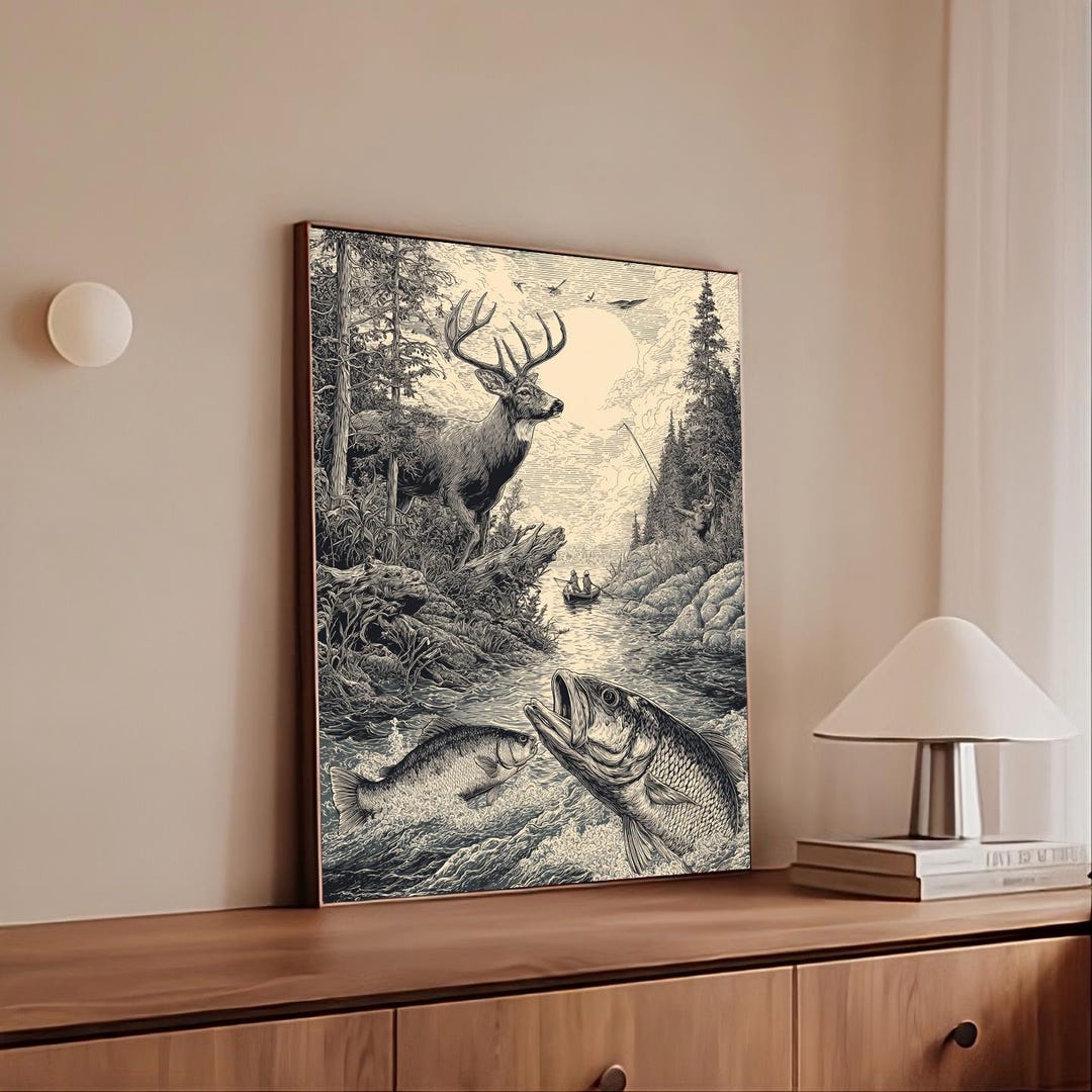 Deer and Bass Fishing Art Print, Rustic Cabin Wall Decor, Fisherman ...