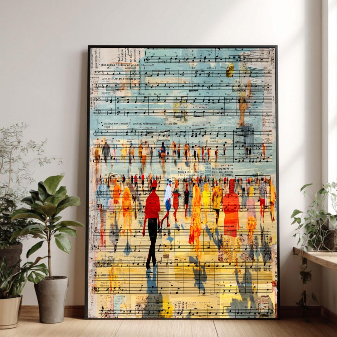 Urban Crowd Scene Canvas, Abstract People Silhouettes, Musical Sheet ...