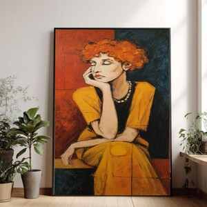 May include: An oil painting depicting a person with red curly hair, wearing a yellow dress and a pearl necklace. The background is split into red and blue panels. The person is resting their chin on their hand, in a pensive pose.