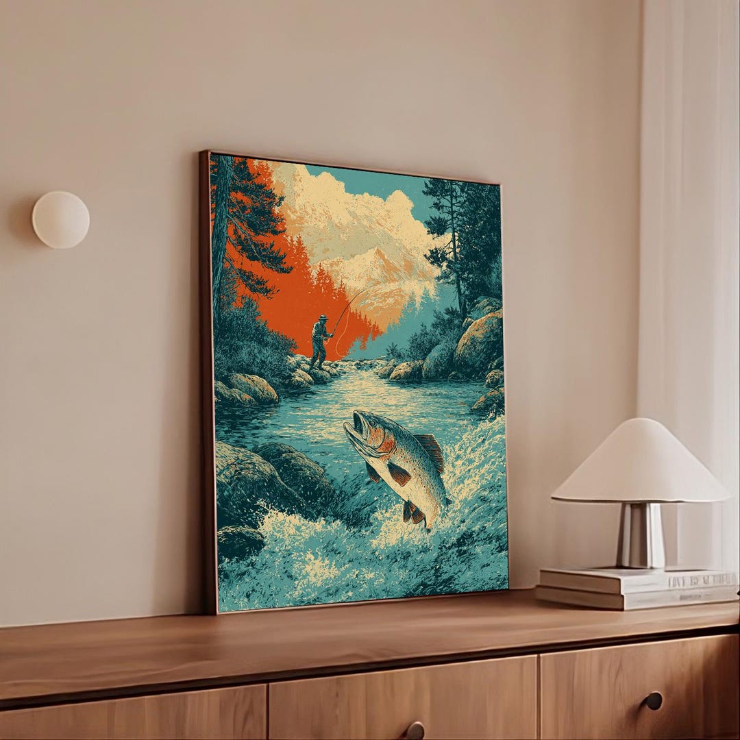 Dynamic Fish Scene Dynamic Fishing Scene Canvas, Leaping Fish Wall Art, River Landscape ...