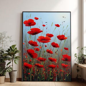 Vibrant Red Poppy Field Canvas Art, Wildflower Meadow Landscape Painting, Home Decor