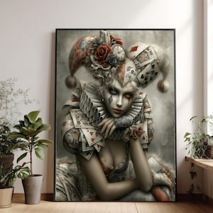 May include: A framed wall art print depicting a jester figure with pale skin, wearing a ruffled collar and a hat adorned with playing cards, a pocket watch, and red roses. The figure features diamond-shaped makeup and a costume made of playing cards.