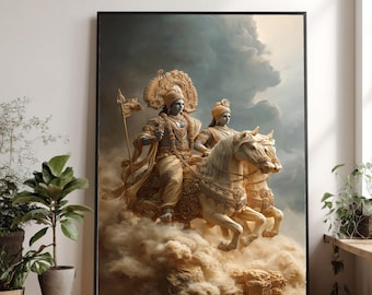 Peut inclure: Œuvre encadrée représentant deux personnages à cheval à travers des nuages. Les figures portent des vêtements dorés ornés et des coiffes, l'une tenant une lance. L'œuvre est placée sur fond de ciel nuageux, avec un sol en bois et des plantes au premier plan.