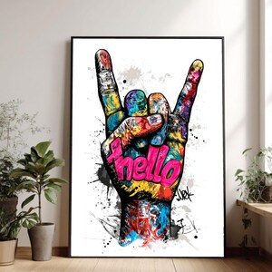 Graffiti Rock Hand Sign Canvas, "Hello" Pop Art Print, Urban Wall Decor