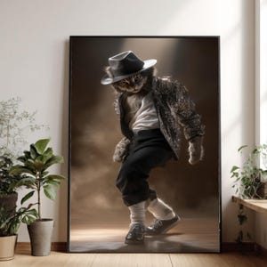 Funky Dancing Cat Canvas Wall Art, Sequin Jacket & Fedora Cat Print, Humorous Animal Portrait Canvas, Modern Home Décor, Ready to Hang