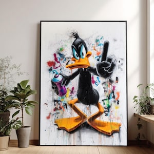 Daffy Duck Street Art Canvas, Graffiti Cartoon Wall Art, Urban Pop Culture Print