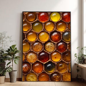 Amberkleurige honingraat macrocanvasprint, close-up textuurdecor bijenteelt, kunstwerk bijenkorf