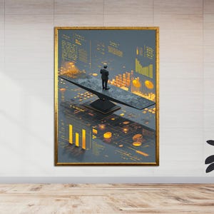 Può includere: Un'opera d'arte incorniciata con una cornice dorata raffigura un uomo in giacca e cravatta in piedi su una bilancia. La bilancia è ambientata su uno sfondo di visualizzazioni di dati in oro e grigio, che suggeriscono affari o finanza.