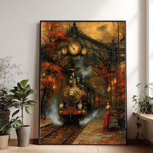 Peut inclure: Une impression d'art mural encadrée représentant une locomotive à vapeur vintage arrivant à quai en automne. Une personne en robe rouge se tient près d'une pile de bagages. La scène montre des arbres dorés, une grande horloge et un dirigeable.