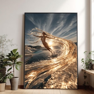Puede incluir: Una impresión de arte mural enmarcada que presenta una composición fotográfica surrealista de una figura saltando a través de una ola de agua dorada y translúcida contra un cielo al atardecer con nubes tenues y una costa rocosa.