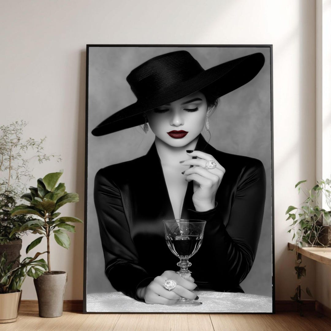 Elegant Woman Black Hat Red Lips Canvas Print, Vintage Glamour Fashion ...