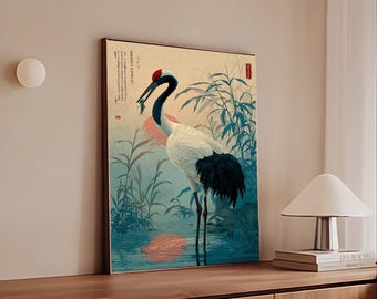 Arte em tela com grou japonês, cena da natureza asiática, ilustração de ave aquática.