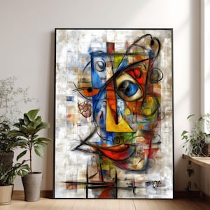 Puede incluir: Impresión artística abstracta que representa un rostro de estilo cubista en colores vibrantes. La obra de arte utiliza líneas y formas audaces con una paleta de azul, amarillo, rojo y verde. La pieza está enmarcada en negro y firmada en la esquina inferior derecha.