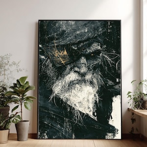 May include: A framed vertical wall art print featuring a high-contrast, dark-toned portrait of an elderly person with a long white beard and a weathered face. The figure wears an eye patch with gold accents and a dark raven perched on the shoulder.