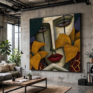 Abstraktes Frauengesicht auf Leinwand, modernes Kunstporträt als Wanddekoration, expressionistische Gesichtsmalerei, strukturierte botanische Elemente, zeitgenössische Leinwand