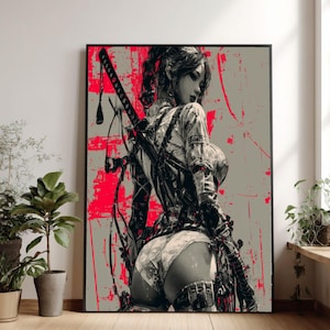 Peut inclure: Une impression d'art mural encadrée représentant une illustration stylisée d'une silhouette avec un katana et un arc, rendue dans une palette contrastée de noir, blanc et rouge vif avec des éclaboussures de peinture et des éléments graphiques.