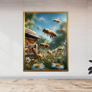 Op de afbeelding: Een ingelijste print met honingbijen in vlucht in de buurt van een houten bijenkorf en wilde bloemen. Het kunstwerk heeft een gouden lijst en toont bijen met gele en zwarte strepen, tegen een blauwe lucht en een veld met witte en gele bloemen.