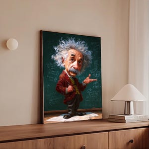 May include: A framed cartoon illustration of Albert Einstein, depicted with a large head and wild white hair. He wears a red jacket and stands in front of a chalkboard filled with equations. The artwork is displayed on a wooden surface.