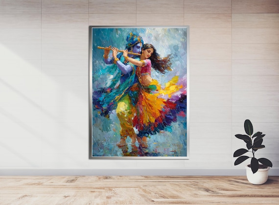 Vibrant Radha Krishna Flute Painting, Ethnic Indian Wall Decor, Spiritual Mythology Art