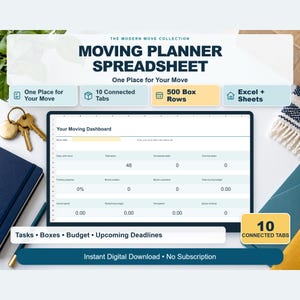 May include: A digital moving planner spreadsheet titled The Modern Move Collection. The dashboard displays metrics for tasks, packing progress, and budget. It features 10 connected tabs, 500 box rows, and is compatible with Excel and Google Sheets.