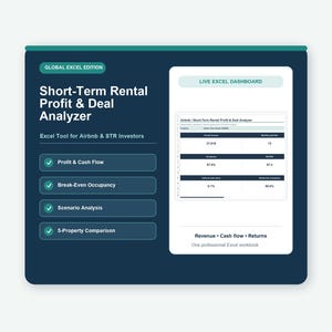 Puede incluir: Un gráfico de producto digital azul oscuro titulado Short-Term Rental Profit & Deal Analyzer. Incluye una lista de características como Profit & Cash Flow, Break-Even Occupancy, Scenario Analysis y 5-Property Comparison, junto con una vista previa del Live Excel Dashboard.