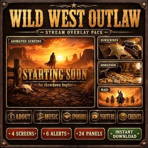 Western Twitch Overlay Pack | Animated Cowboy Wild West Screens Alerts Panels