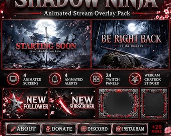 Shadow Ninja Twitch Overlay Pack | Geanimeerde rode Assassin-schermen, waarschuwingspanelen en webcam