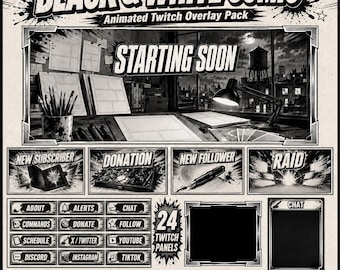 Zwart-wit Twitch-overlay | Stripboekpakket | Geanimeerde manga-streamschermen, meldingen en webcam