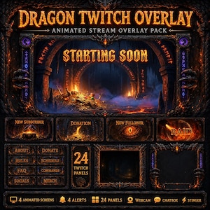 Dragon Twitch Overlay Pack | Animated Fantasy RPG Lair Screens Alerts Panels