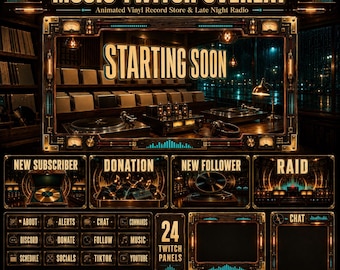 Music Twitch Overlay Pack | Animated Vinyl Record Store & Late Night Radio Screens Alerts Panels