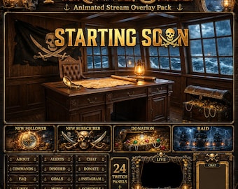 Piraten Twitch Overlay Pack | Geanimeerde piratenschip stream schermen, waarschuwingspanelen OBS