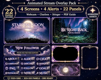 Sterrennacht Overlay Pakket | Geanimeerde Dromerige VTuber Twitch Schermen, Meldingen en Panelen
