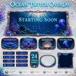 Ocean Twitch Overlay-Paket | Animierte Unterwasser-Tiefsee-Bildschirme, Benachrichtigungen, Webcam-Panels