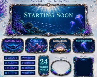 Ocean Twitch Overlay Pack | Geanimeerde onderwaterschermen, diepzeewaarschuwingen en webcampanelen
